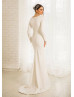 Long Sleeves Beaded Ivory Satin Unique Wedding Dress